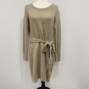 RACHEL ZOE M Taupe Tan Belted Sheath Sweater Dress Merino Wool Blend Winter Cozy